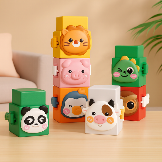 Toddler animal stacking building blocks set with colorful wooden safari animals for preschool learning, ages 1-3