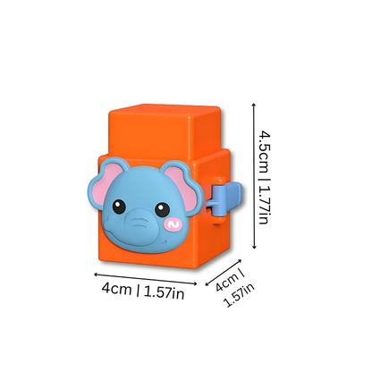 Close-up of a child's hands stacking a wooden elephant and giraffe from an animal building blocks set, promoting motor skills