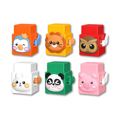 Montessori-inspired toddler animal stacking blocks on a play mat, featuring a lion, monkey, and tiger for imaginative play