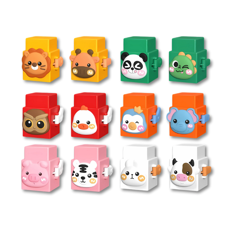 Overhead view of a complete toddler animal stacking building blocks set with multiple zoo animals, enhancing cognitive development