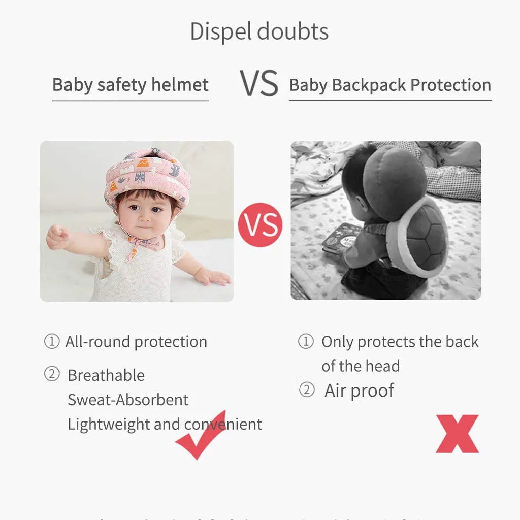 Happy baby wearing an anti-fall safety helmet, demonstrating secure and soft head protection.