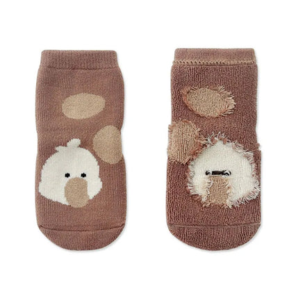 Unisex baby anti-slip cartoon fox socks for winter, soft and warm toddler footwear.