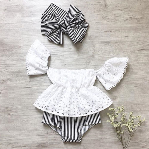 Toddler baby girl white lace hollow out top, floral shorts and matching headband summer outfit