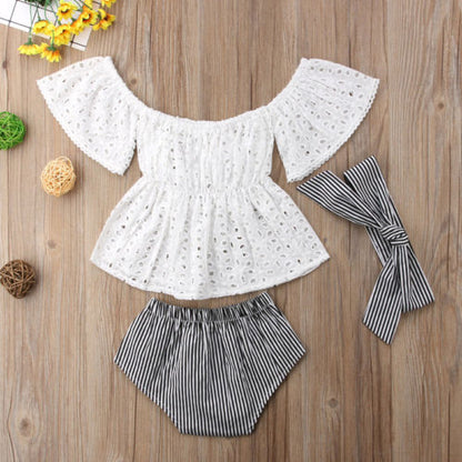 Baby girl cotton blend summer clothing set with delicate lace short-sleeve top and floral print shorts
