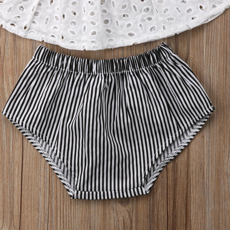 Adorable baby girl's lace-trimmed summer top, coordinating bloomers, and elastic headband set