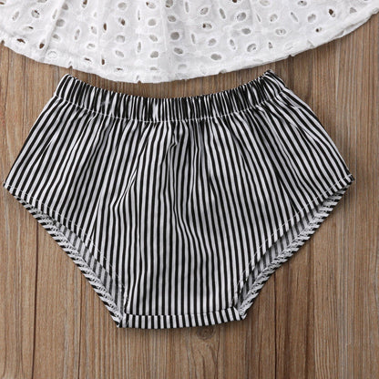 Adorable baby girl's lace-trimmed summer top, coordinating bloomers, and elastic headband set