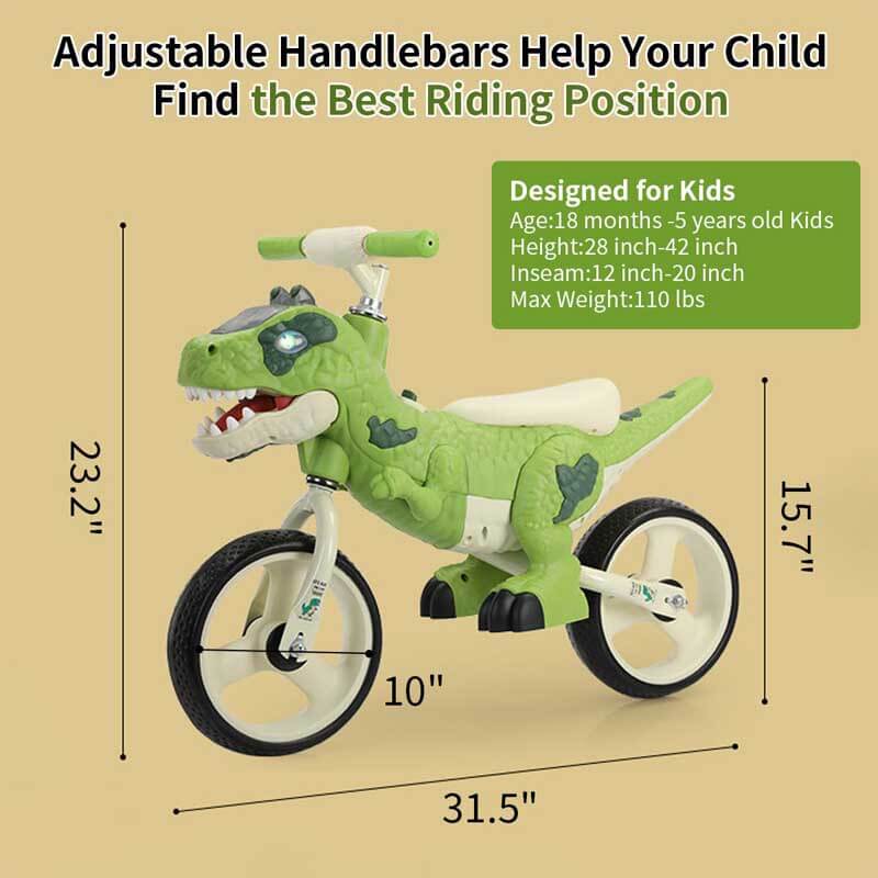 Green dinosaur balance bike for kids, a fun and safe outdoor activity toy for 2-5 year olds