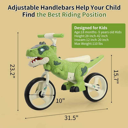 Green dinosaur balance bike for kids, a fun and safe outdoor activity toy for 2-5 year olds