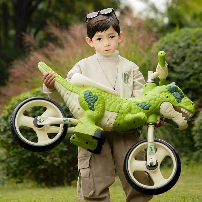 Kids' dinosaur balance bike, a durable outdoor activity toy with light-up tires for toddlers