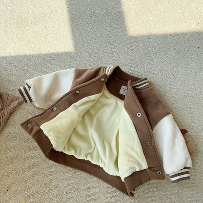 Warm toddler fleece baseball jacket, blue with yellow sleeves and snap buttons