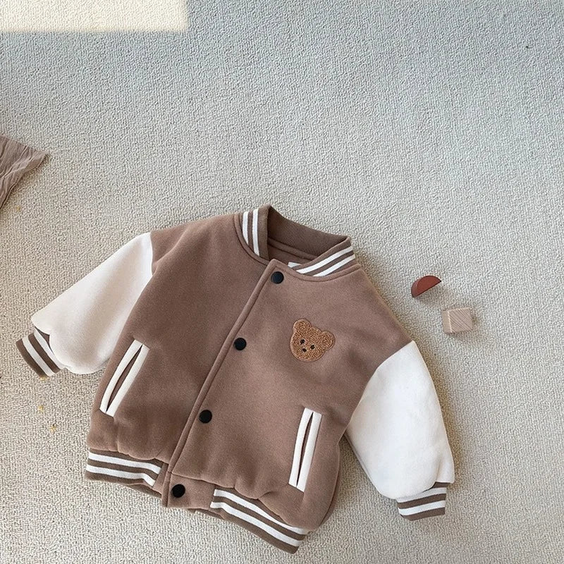 Cozy grey toddler baseball winter jacket with fleece lining for boys or girls