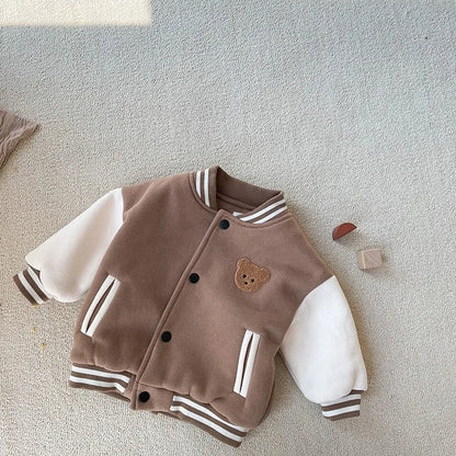 Cozy grey toddler baseball winter jacket with fleece lining for boys or girls