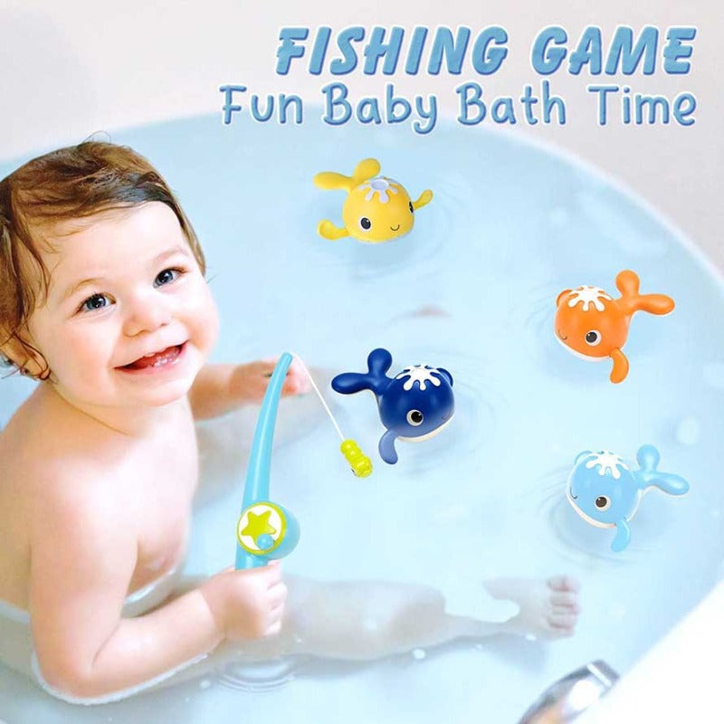 Toddler bath fishing game with two wind-up whales and a magnetic rod for water play