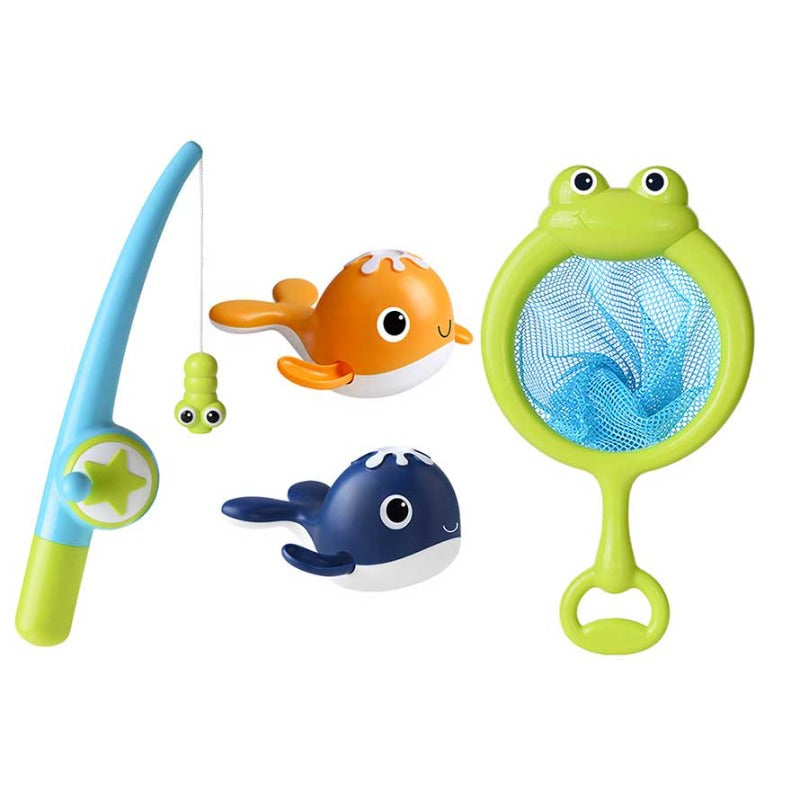Collection of bath toy components: magnetic rod and two charming wind-up whales