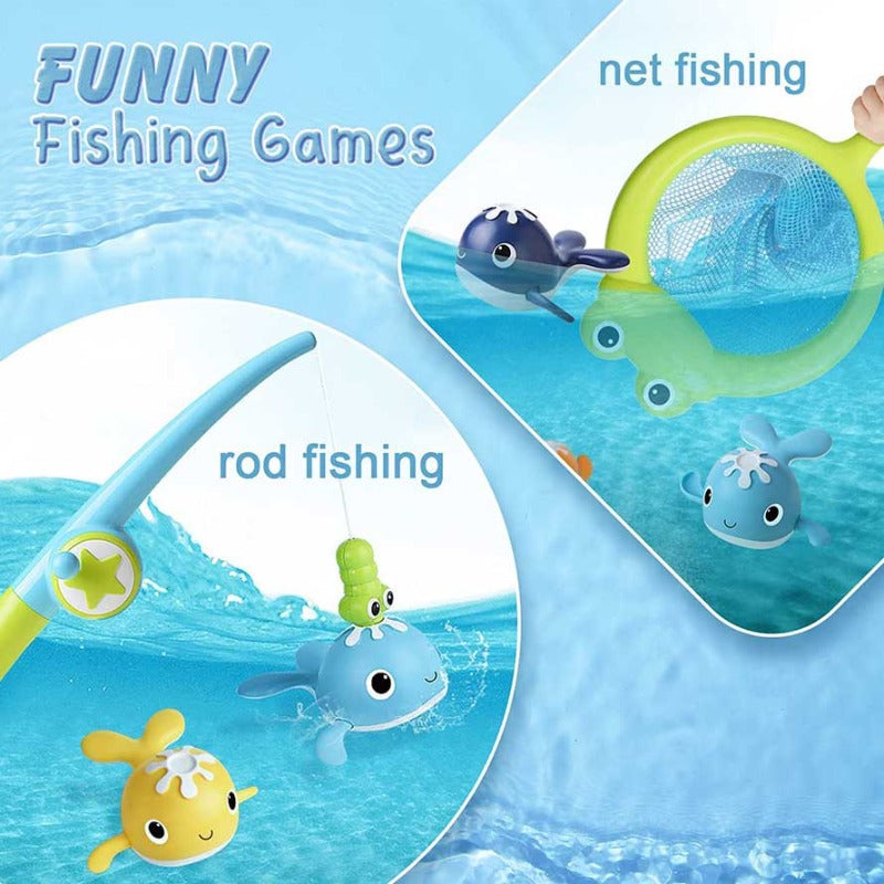 Colorful toddler bath fishing game with a yellow magnetic rod and blue wind-up whales