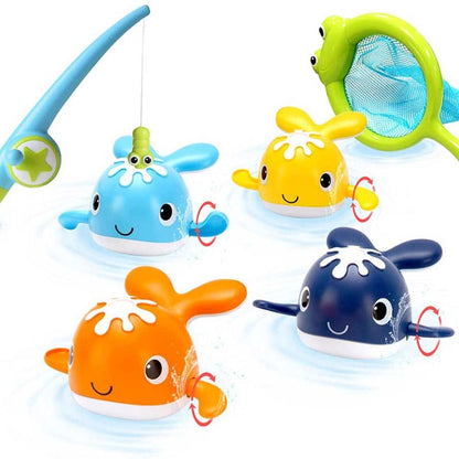 Set of bath toys: magnetic fishing rod and two wind-up whale figures for toddlers