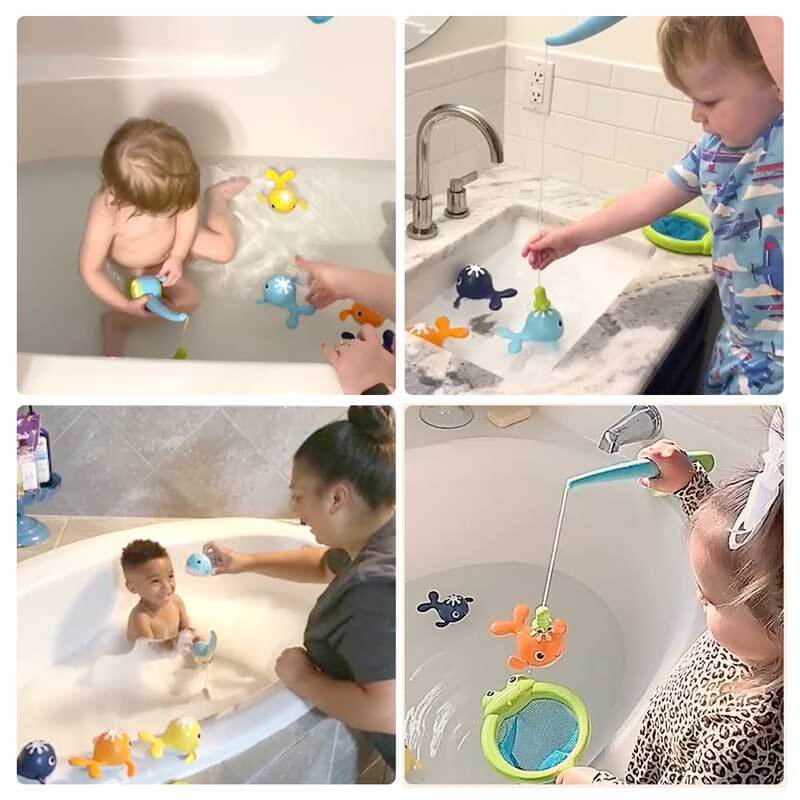 Vibrant wind-up whales from a bath fishing game, designed for exciting toddler water play