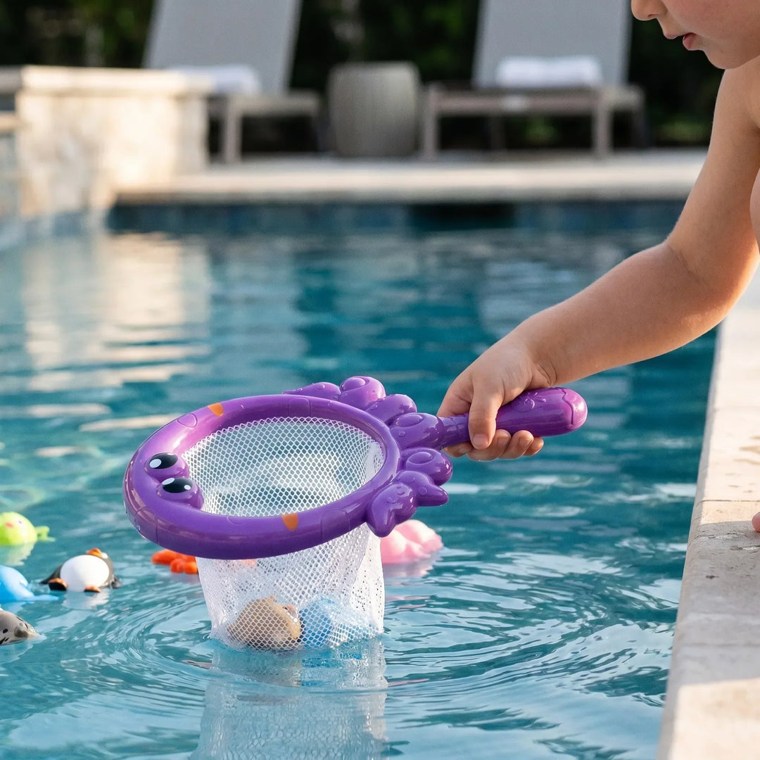 Toddler bath time fishing game with colorful floating toys & magnetic rod. Fun water play for kids.