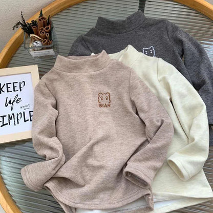 Toddler bear fleece turtleneck shirt in brown, cozy winter wear for kids