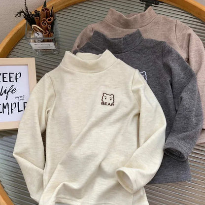 Kids' long sleeve bear fleece turtleneck shirt, a warm top for winter wear