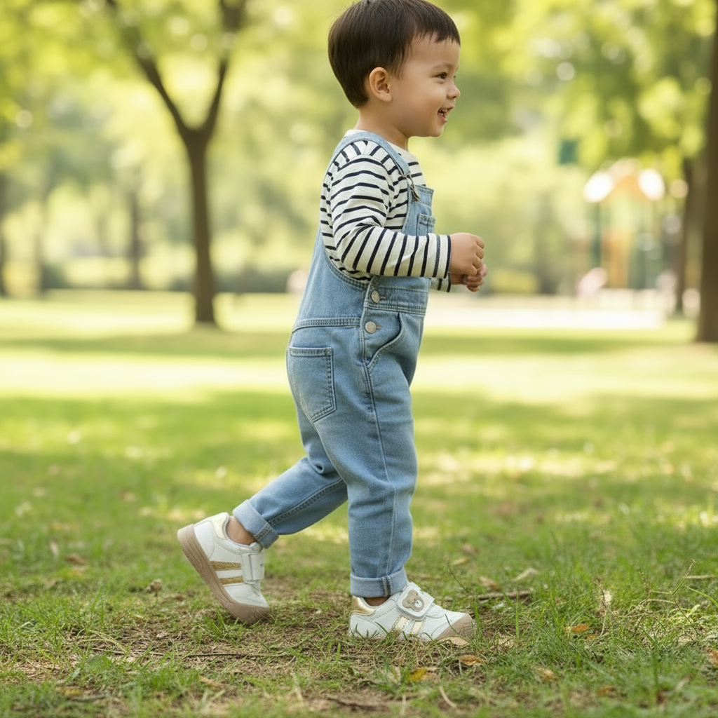 Pair of blue kids sneakers with bear design, practical Velcro closure for little ones
