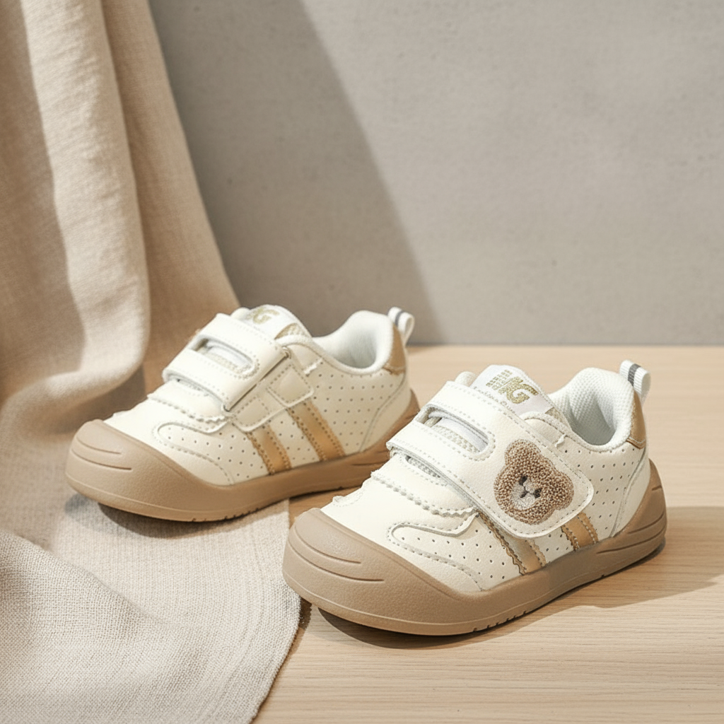 Side view of toddler shoes: bear motif Velcro sneakers, comfortable children's footwear