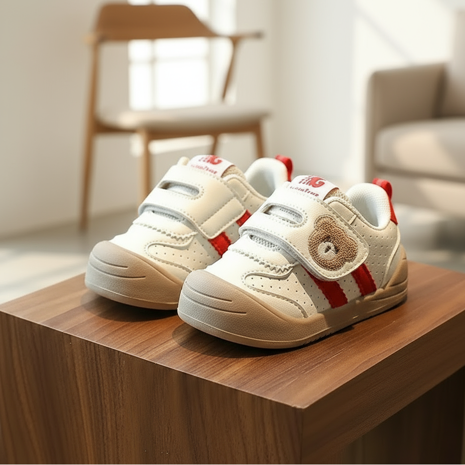 Top view of easy wear toddler bear sneakers, durable and cute kids footwear