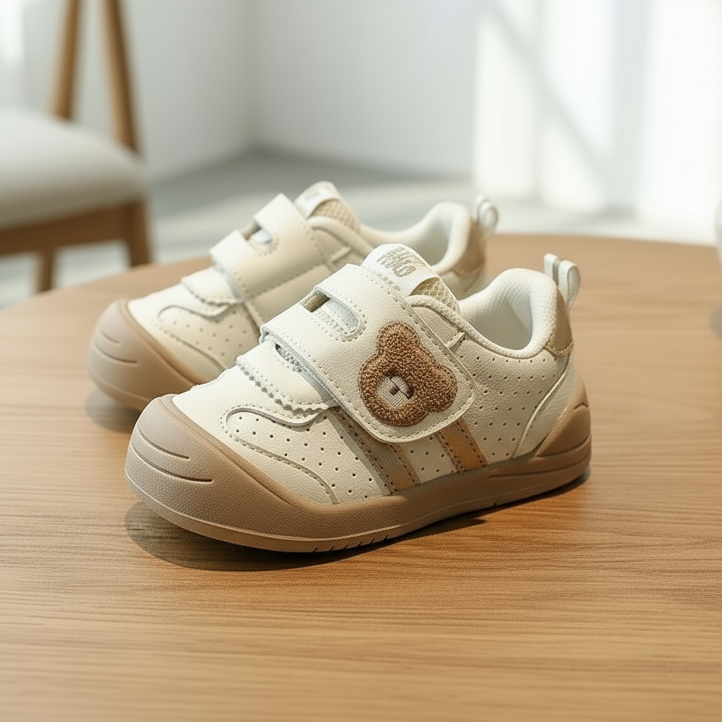 Close-up of Velcro strap on bear pattern kids sneakers, ensuring snug fit for toddlers