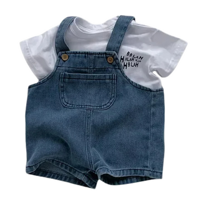 Adorable toddler boy fashion: light blue overalls and white t-shirt, ideal for kids' summer casual wear.