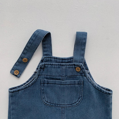 Back view of toddler boy's denim t-shirt and jumpsuit set, perfect for summer play, two-piece outfit.