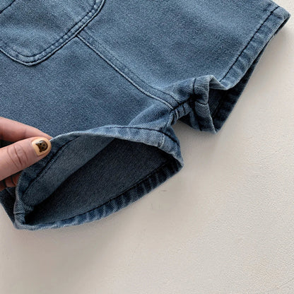 Toddler boys' denim t-shirt, soft fabric, paired with a matching denim jumpsuit, comfortable kids wear.