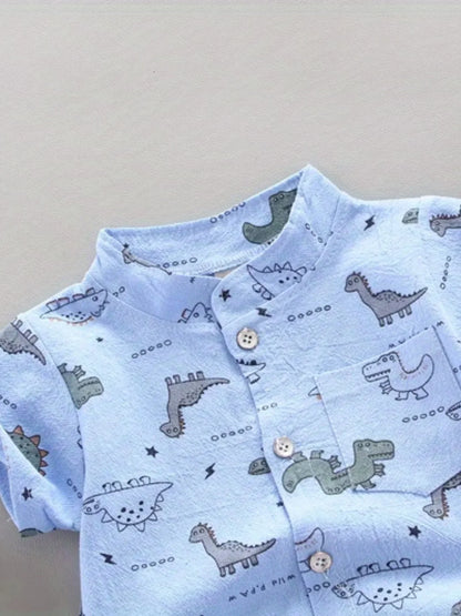 Boys' summer play outfit featuring a vibrant dinosaur graphic tee and solid blue shorts