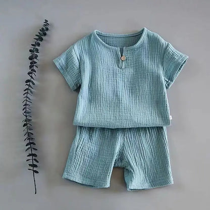 Kids playwear: boys' grey linen cotton t-shirt and shorts set, soft and breathable