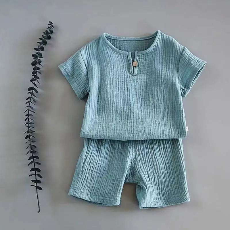 Close-up of breathable linen cotton blend fabric of kids t-shirt, ideal for boys' summer wear