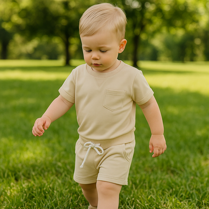 Two-piece toddler boys' summer outfit set of breathable cotton, perfect for warm weather play.