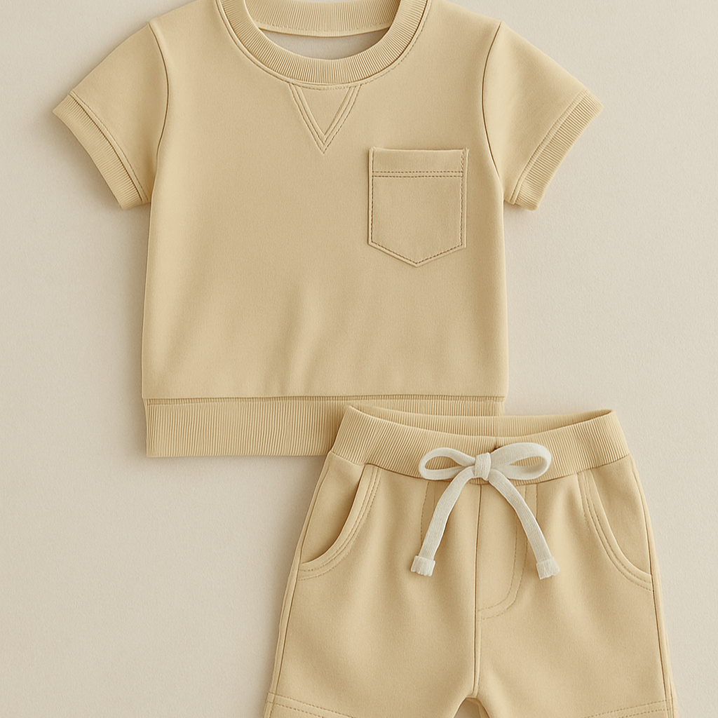 Smiling toddler boy wearing a comfortable, machine-washable cotton summer outfit set for daily wear.