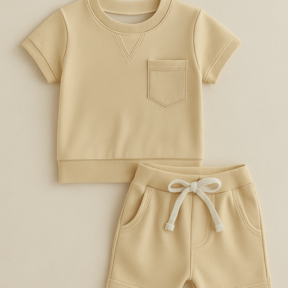 Smiling toddler boy wearing a comfortable, machine-washable cotton summer outfit set for daily wear.