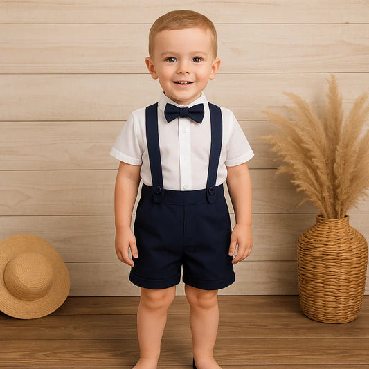Toddler boy in elegant cotton shorts set with suspenders and bow tie, perfect for special occasions