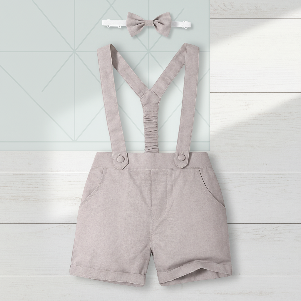 High-angle view of a boys' special occasion cotton shorts outfit, ideal for summer events and family photos