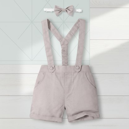 High-angle view of a boys' special occasion cotton shorts outfit, ideal for summer events and family photos