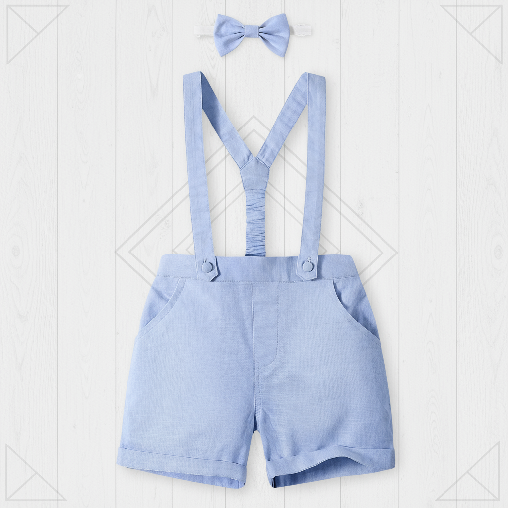 Close-up of the delicate stitching and quality fabric of the cotton linen shorts and matching bow tie