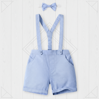 Close-up of the delicate stitching and quality fabric of the cotton linen shorts and matching bow tie