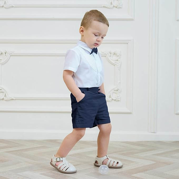 Kids fashion: smart cotton shorts set with detachable suspenders and a dapper bow tie for toddlers