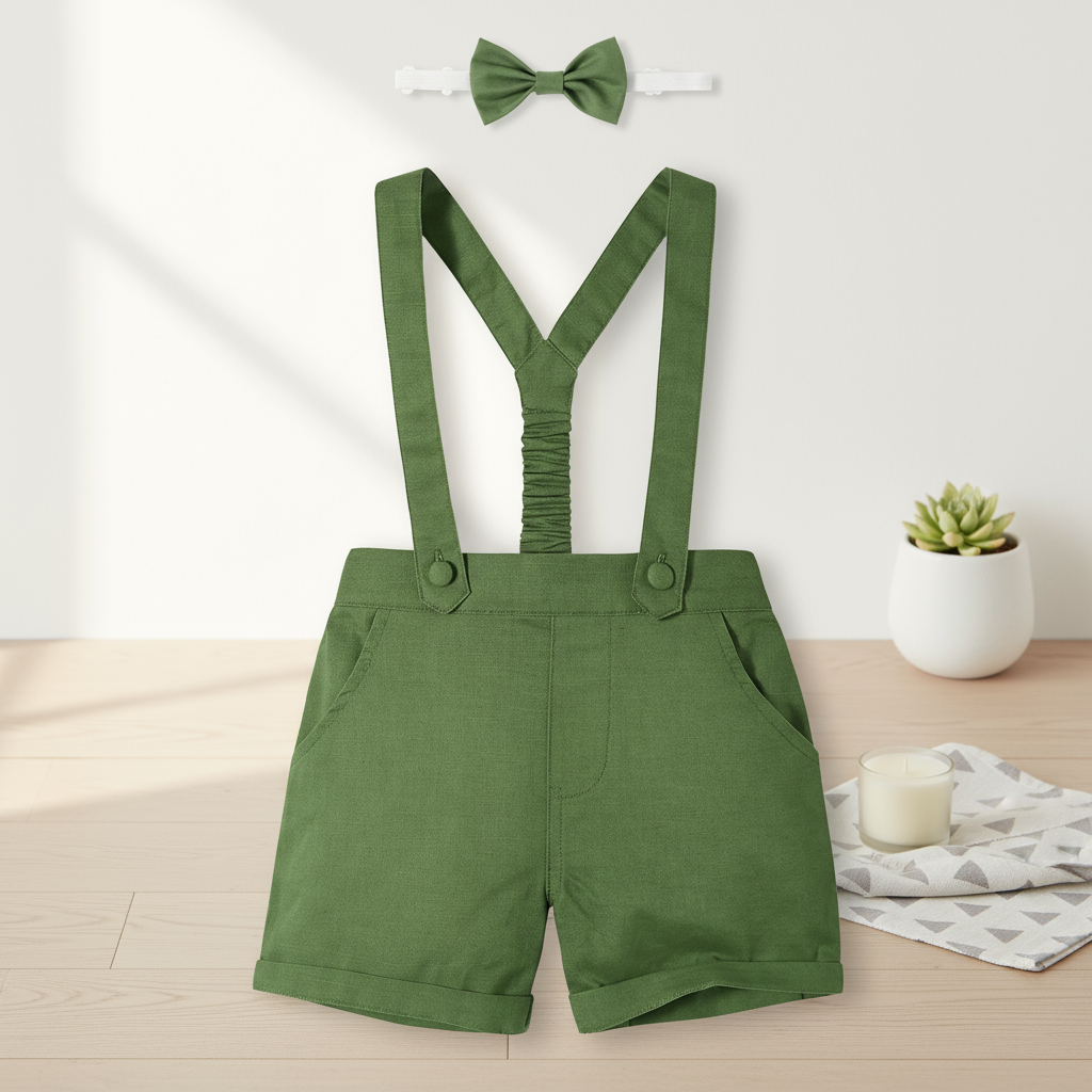 Formal toddler outfit: white short-sleeved cotton shirt paired with tailored shorts, suspenders, and bow tie