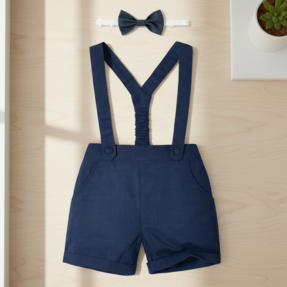 Complete boys' party wear set, including breathable cotton shorts, a shirt, elastic suspenders, and a bow tie