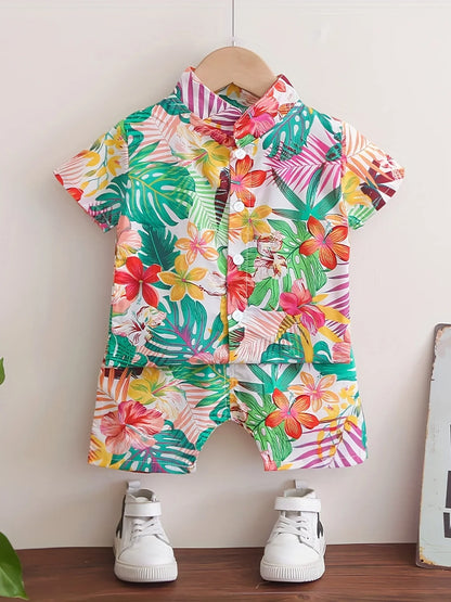 Vibrant leaf and floral print short-sleeve set for boys, ideal for summer playwear and comfort.
