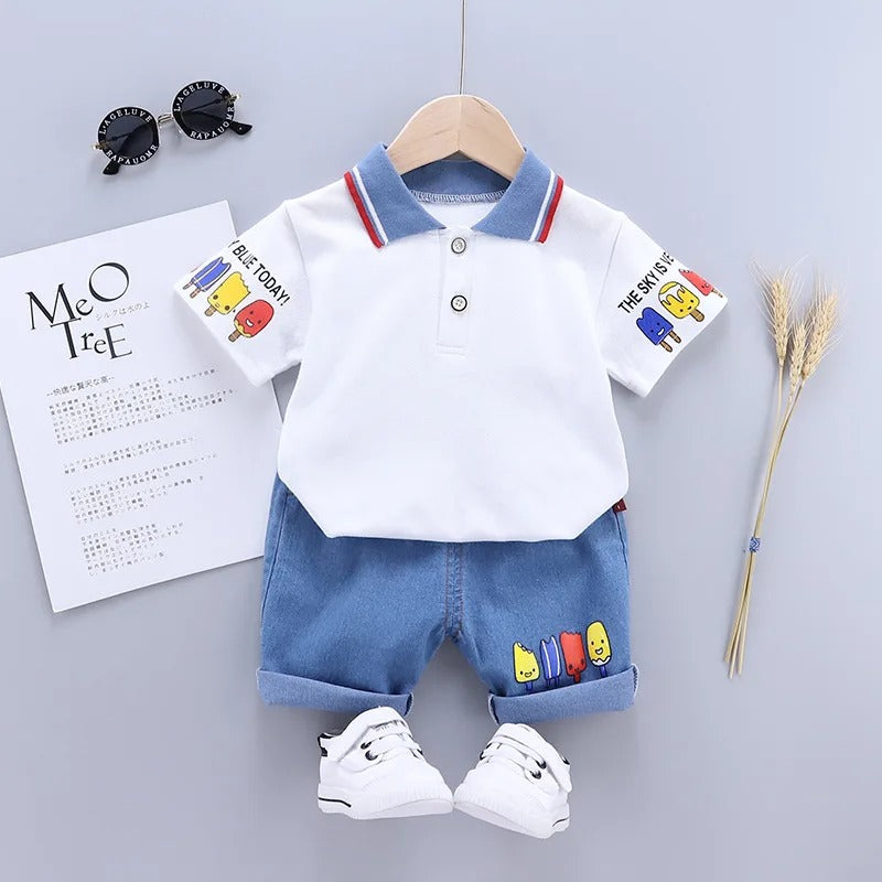 Cute toddler boy's summer clothing set with a blue polo and comfortable printed shorts