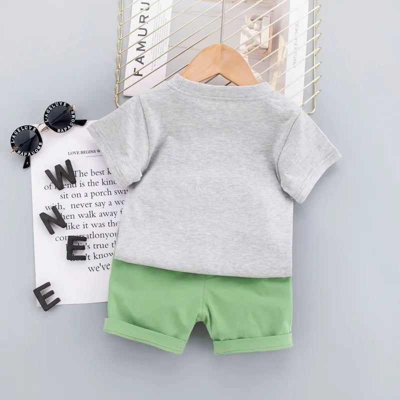 Soft cotton lion print summer outfit for boys, comfortable toddler clothing set.