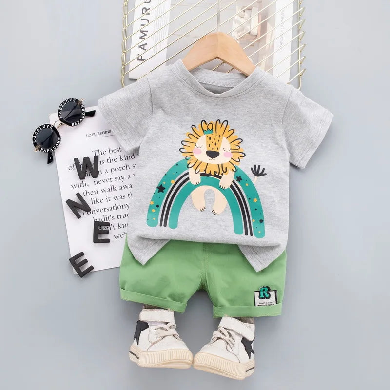 Adorable toddler boys' summer playwear set in orange and gray with a fun lion graphic.