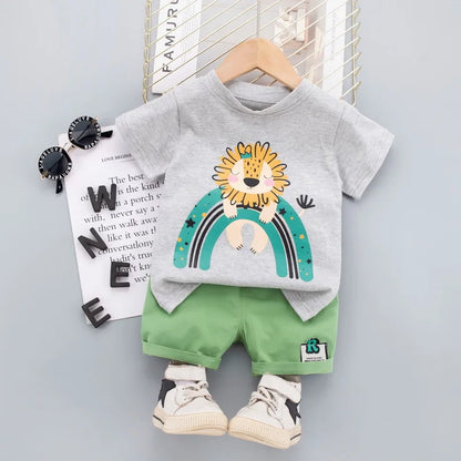 Adorable toddler boys' summer playwear set in orange and gray with a fun lion graphic.